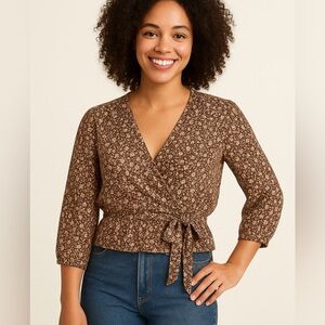 Madewell Women’s Brown Floral Wrap Top Wide Elastic Bottom Band Size Small